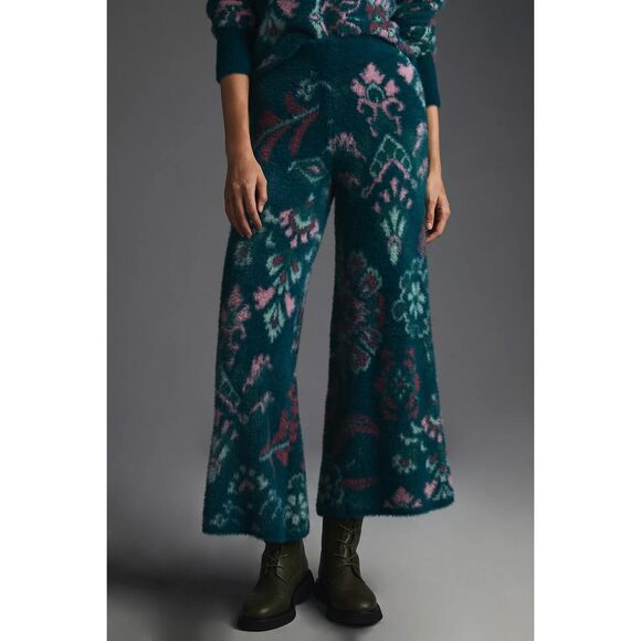 Daily Practice By Anthropologie Women's Floral Cozy Flared Pants Teal Large - Picture 2 of 7